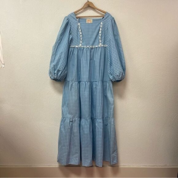 Vintage 1960s Keone Sportswear Hawaii Blue Checkered Maxi Dress Sz Medium - Picture 3 of 8